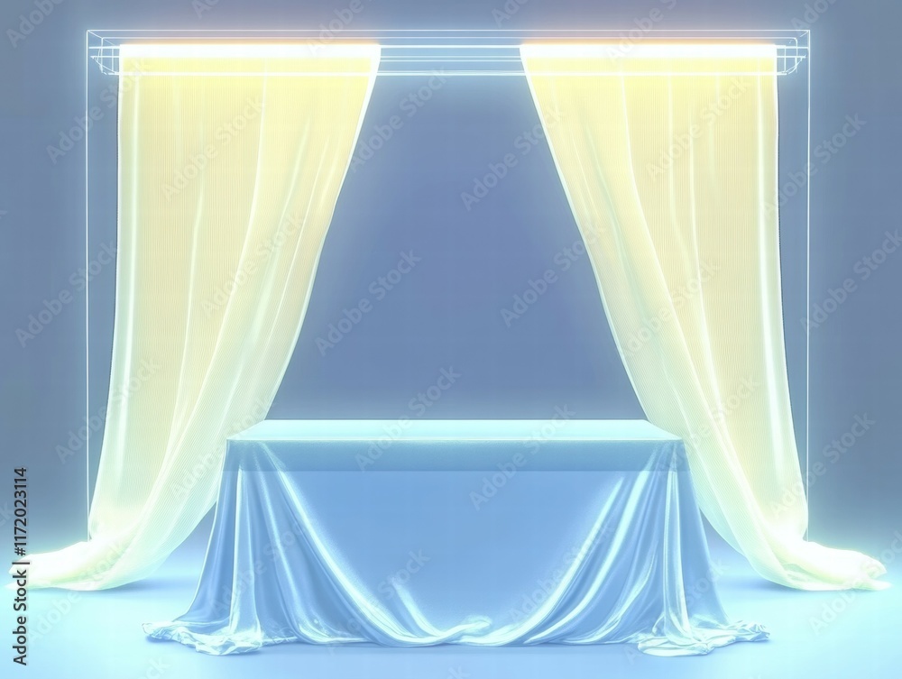 Poster A minimalist display with flowing curtains and a draped table, suggesting elegance and simplicity.