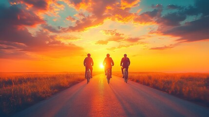 Fototapeta premium Three cyclists on a road at sunset. Golden hour, silhouettes of people on bicycles, golden light, vibrant colors, countryside, travel, adventure