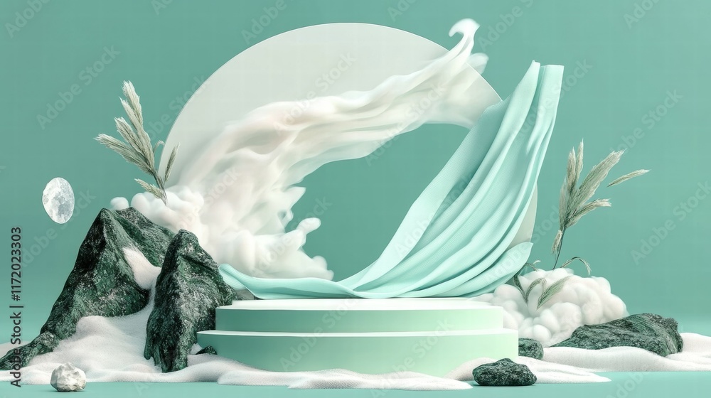 Poster a serene abstract composition featuring flowing fabric, rocks, and soft clouds in a mint setting.
