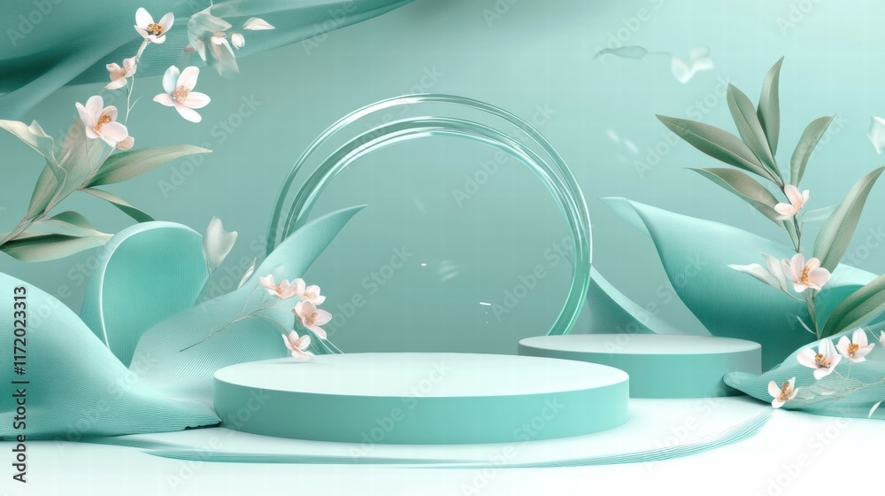 Poster a serene, abstract display featuring soft shapes, floral elements, and a calming color palette.
