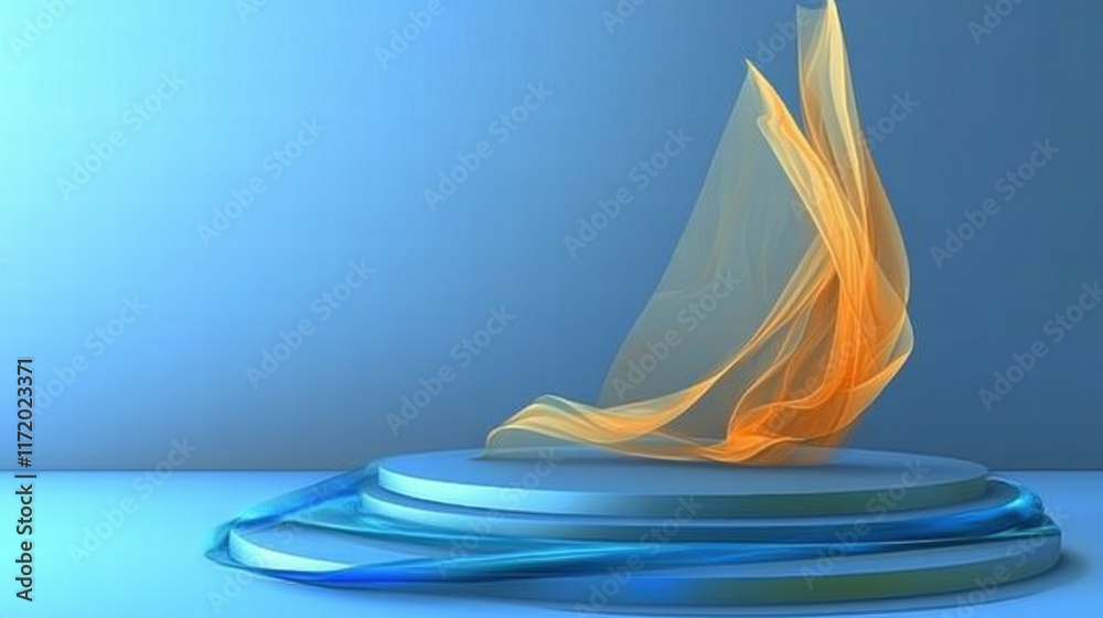 Poster Abstract display featuring flowing colors on a circular platform against a blue background.