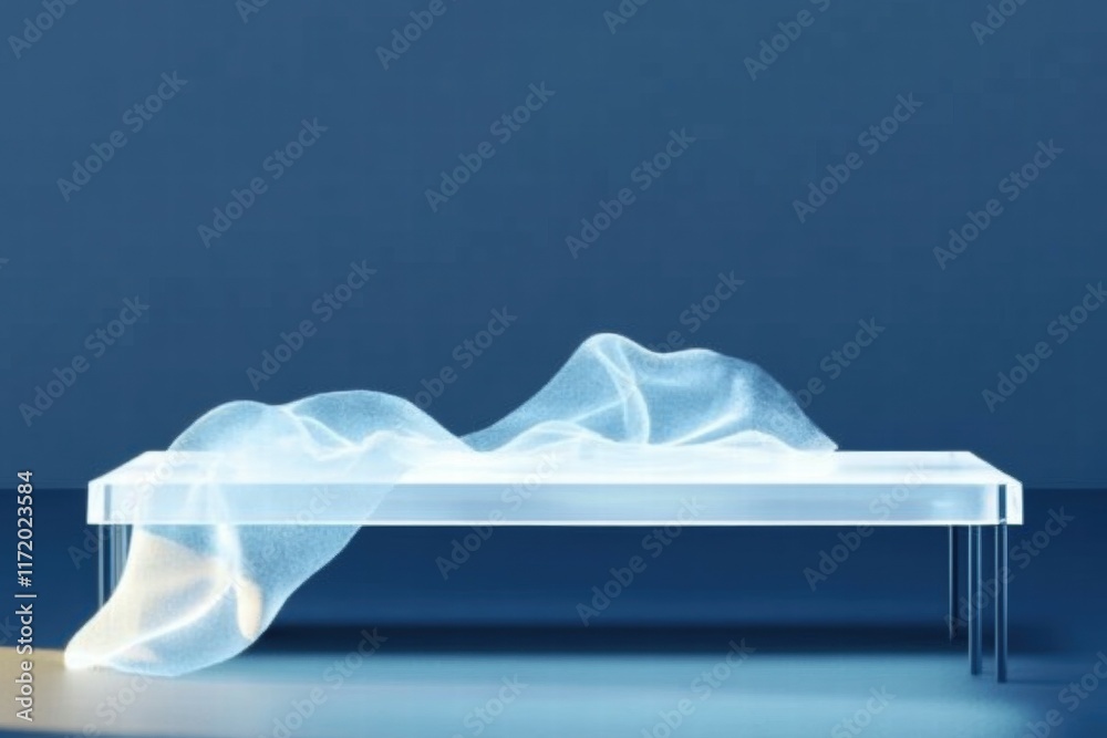 Poster a minimalist table with a flowing, translucent fabric draped over it against a blue background.
