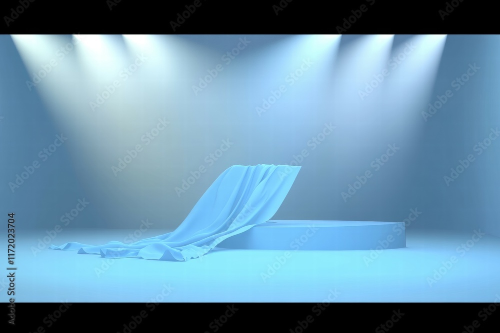 Poster a minimalist stage with draped fabric under soft blue lighting.