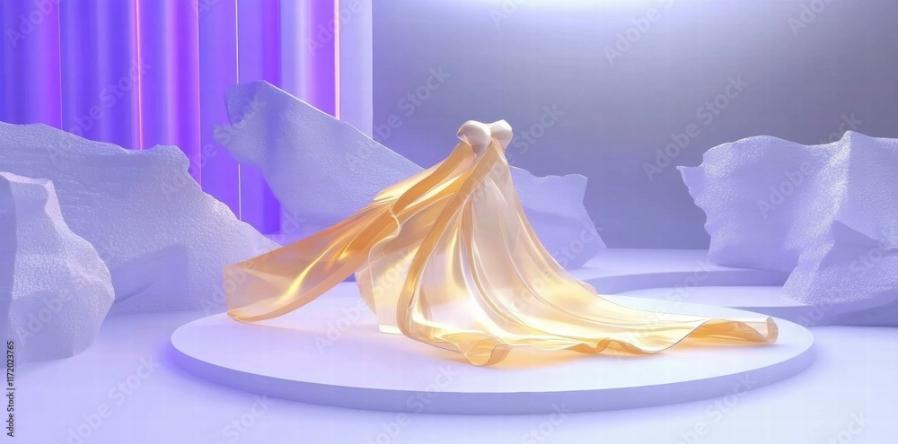 Poster a flowing fabric sculpture on a circular platform with soft lighting and abstract background.