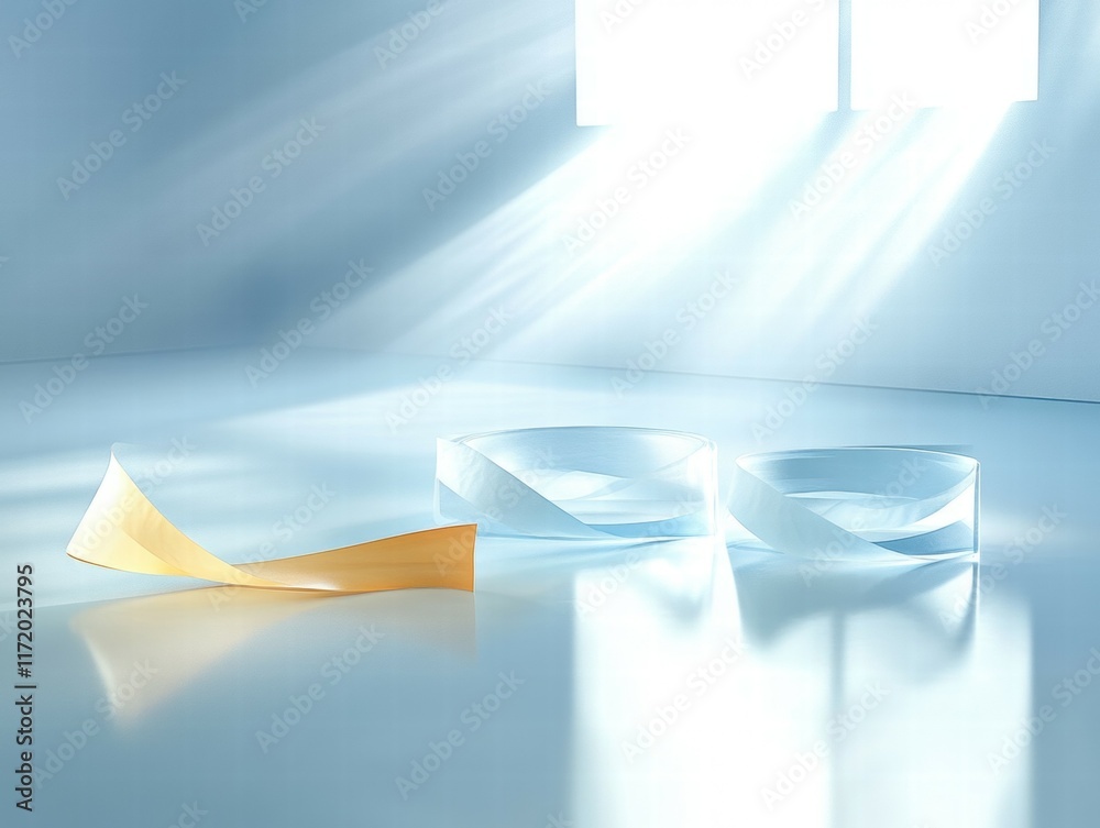 Poster a minimalist composition featuring transparent and colored shapes on a reflective surface.