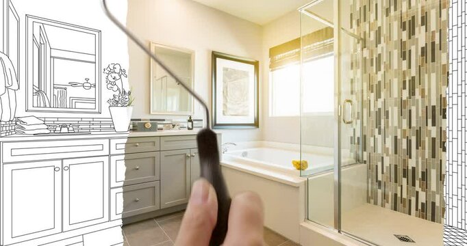 Before and After of Woman Using Painting Roller to Reveal Completed Custom Master Bathroom Under Pencil Sketch Drawing Plans.