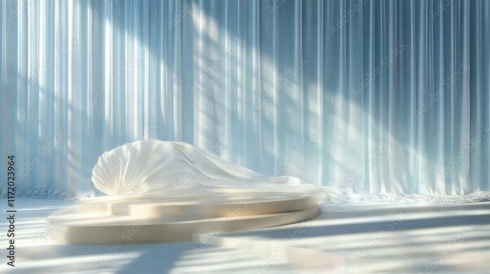 Poster a serene space with draped fabric and soft lighting, evoking calmness and elegance.