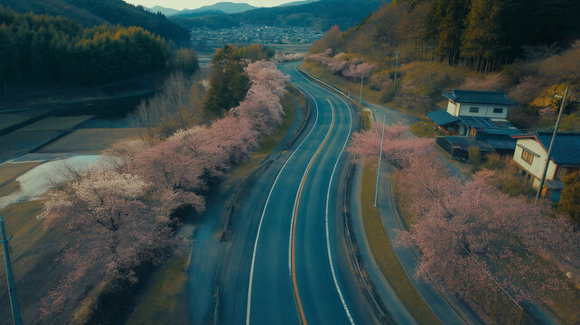 暖かな陽が沈む頃、桜咲くワインディングロードを俯瞰する。日本の美しい四季と春の夕暮れ。