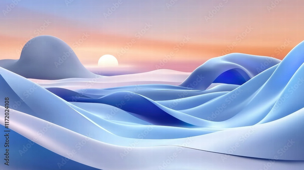Poster abstract landscape with soft waves and a rising sun, featuring a serene color palette.