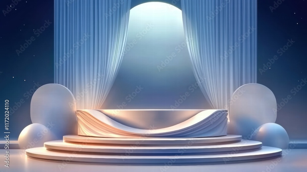 Poster a minimalist stage design with soft lighting and draped fabric, ideal for presentations or events.