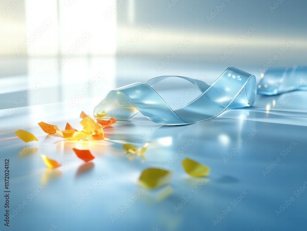 Aufkleber a soft blue ribbon intertwined with colorful shards on a reflective surface.