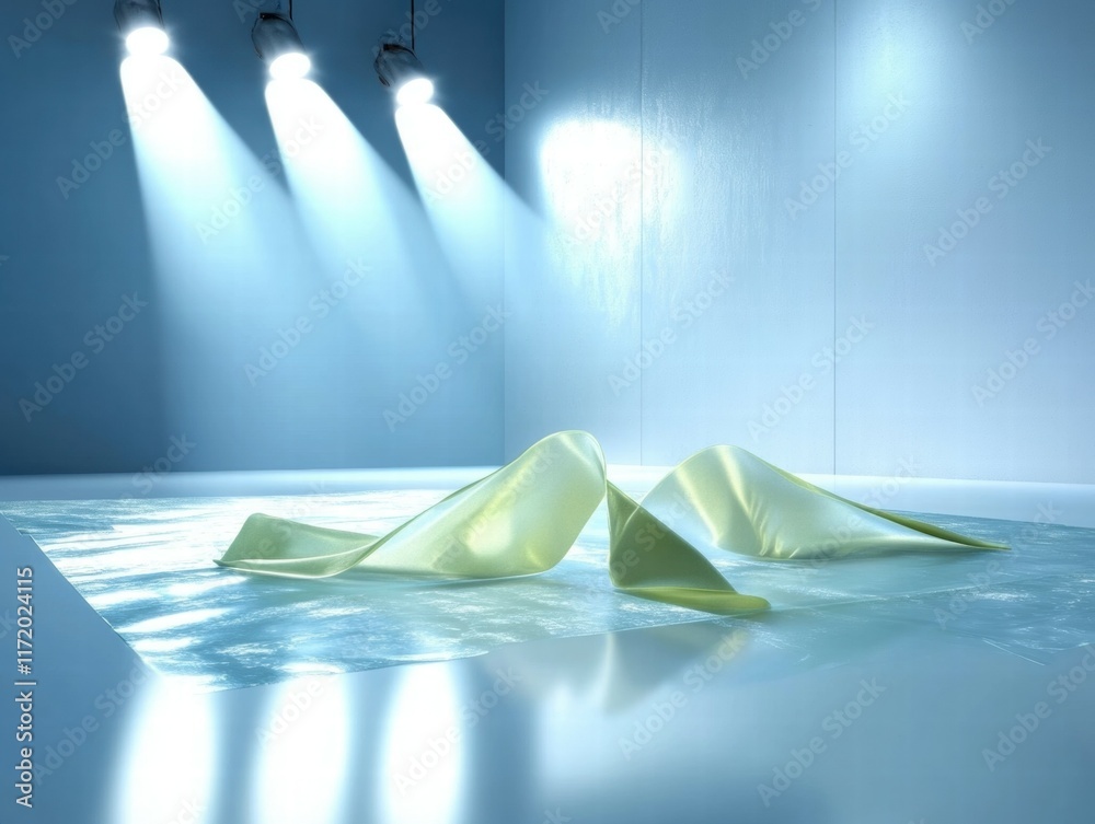 Poster a minimalistic scene featuring soft fabric draped on a reflective surface under bright lights.