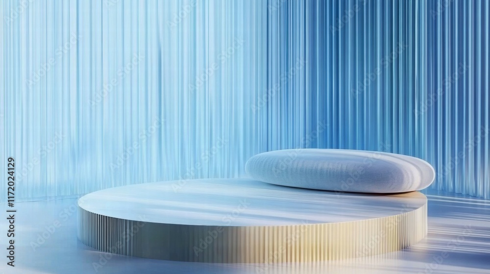 Aufkleber a minimalist, serene space featuring a circular platform and an oval cushion in soft lighting.