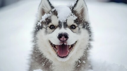 A happy husky puppy playing in the snow, showcasing its fluffy fur and joyful expression.