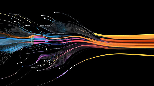 A dynamic Sankey diagram with glowing, flowing paths and multicolored gradients over a sleek black background.