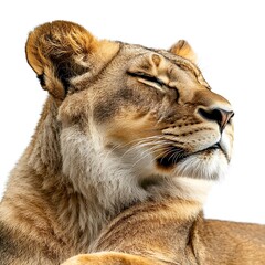 Fototapeta premium Serene lioness resting, eyes closed, white background, wildlife portrait, ideal for nature documentaries.