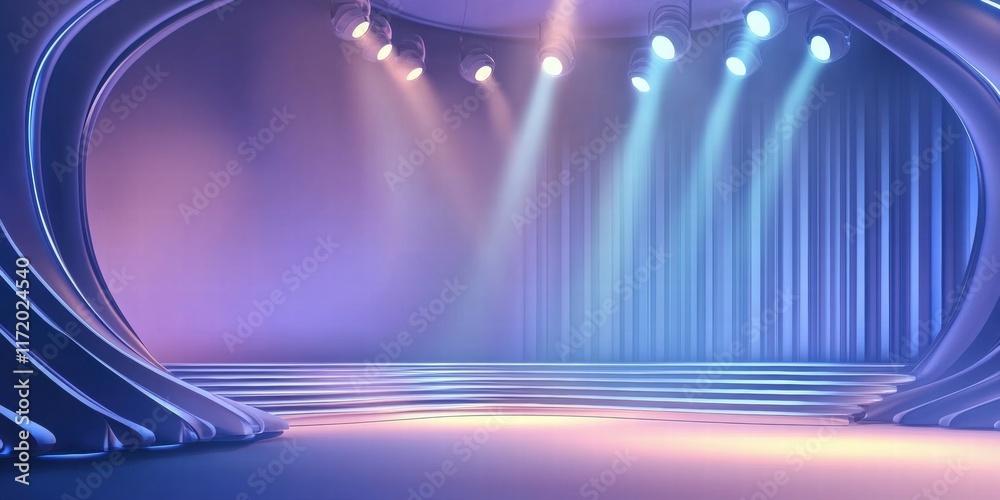Poster A modern stage setup with colorful lighting and curved design elements.