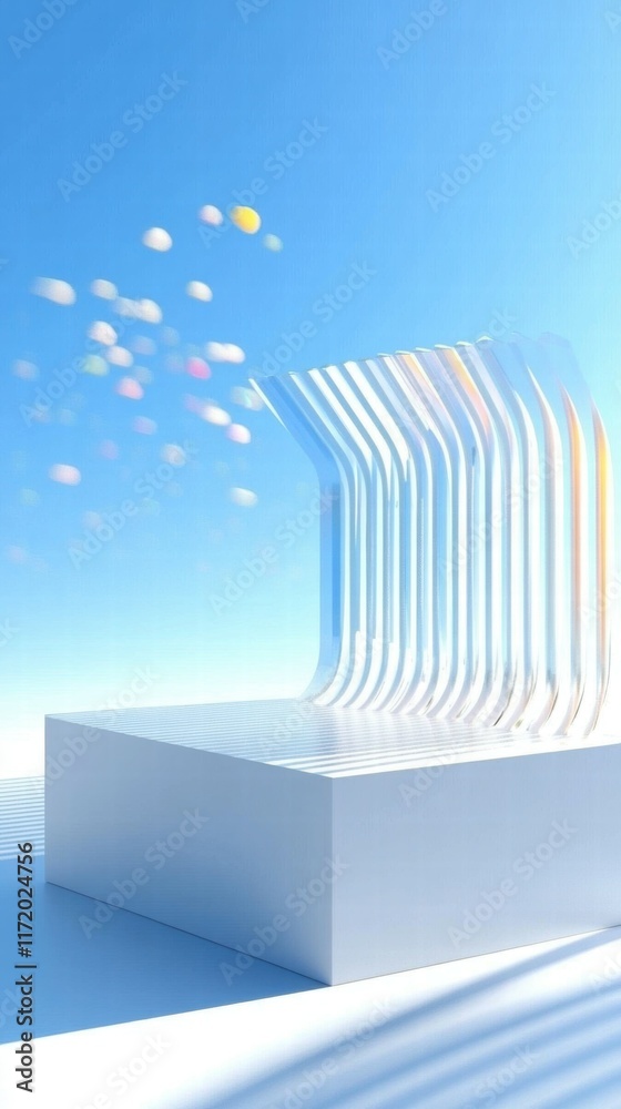 Aufkleber Abstract design featuring colorful spheres and layered shapes against a blue sky.