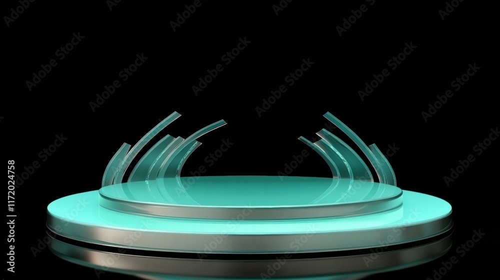 Aufkleber a modern, illuminated display platform with curved glass elements.