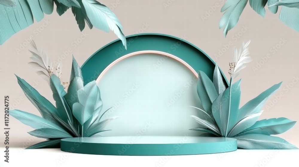 Poster a minimalist stage design featuring teal foliage and a circular backdrop for presentations.
