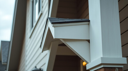Obraz premium Close-up view of a house's exterior, focusing on a white porch support post and a section of the roofline. White siding, dark gray roof shingles, and a portion of a window are visible.
