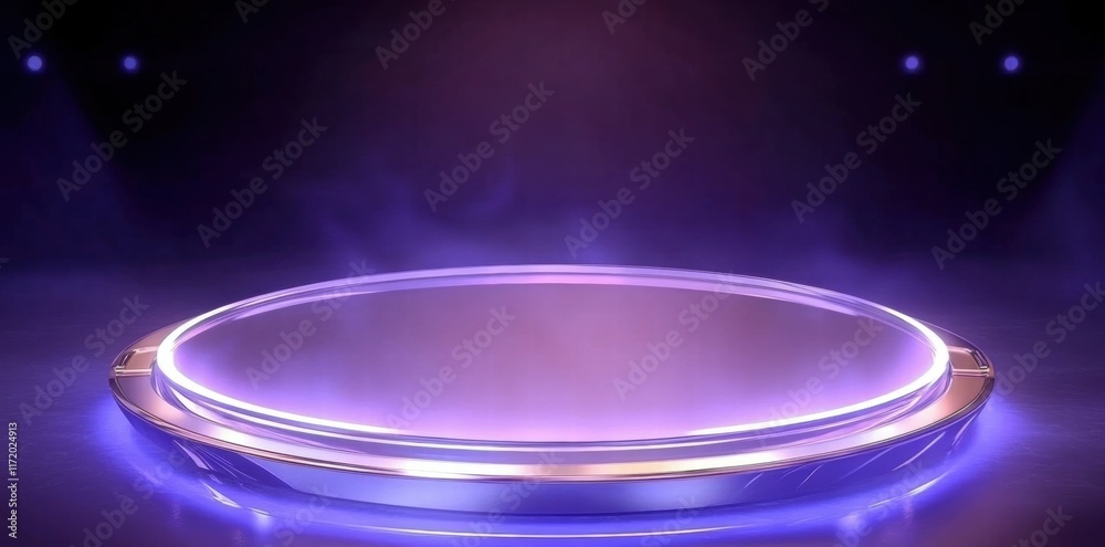 Aufkleber a futuristic stage with a glowing circular platform and misty atmosphere.