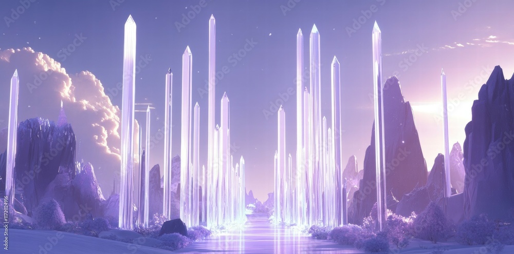 Poster a serene landscape featuring towering crystal formations illuminated by soft light.