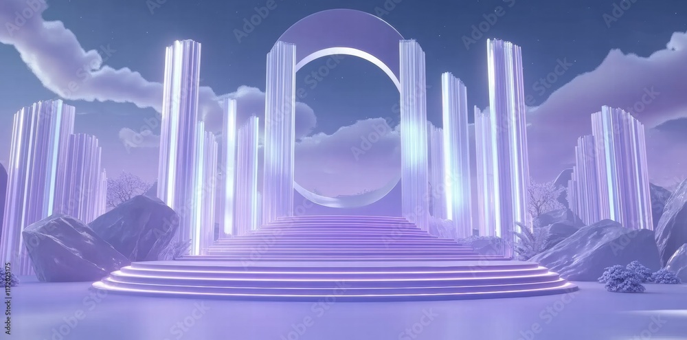 Poster A futuristic stage with glowing columns and a circular arch, set in a dreamy landscape.