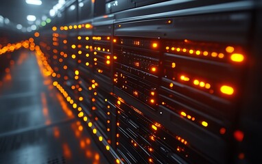 Illuminated server racks in a data center.