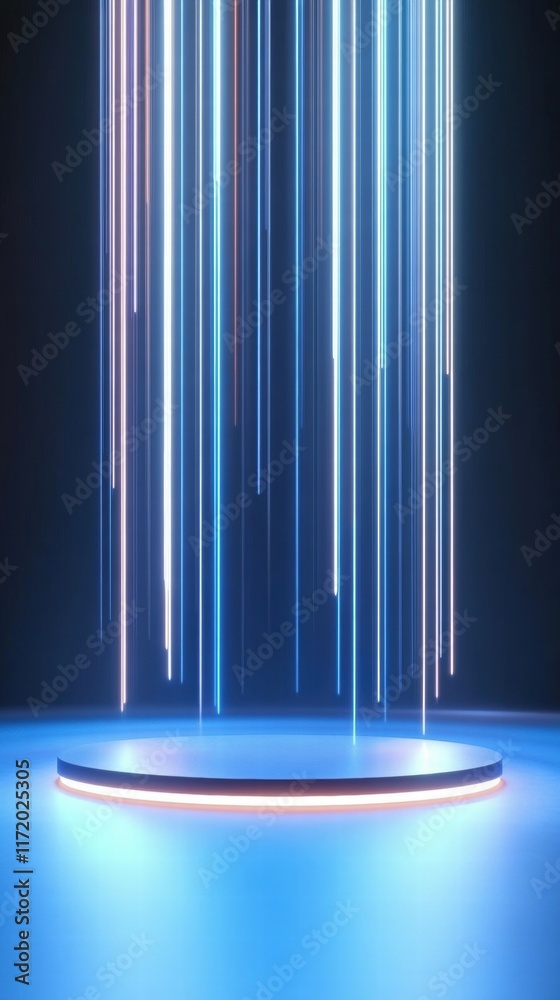 Poster a futuristic stage with vertical light beams and a circular platform.