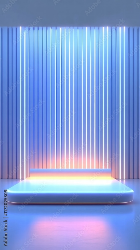 Poster a modern stage design with glowing lights and a minimalist backdrop.