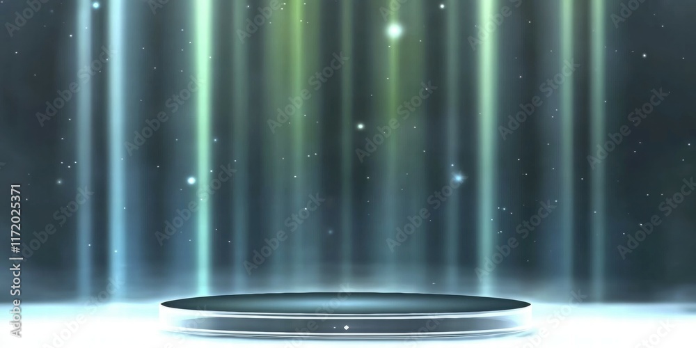 Poster a serene stage with soft light beams and a starry background, suggesting a magical atmosphere.