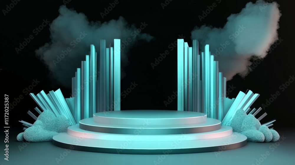Poster A futuristic stage design with glowing pillars and soft clouds, ideal for presentations or events.