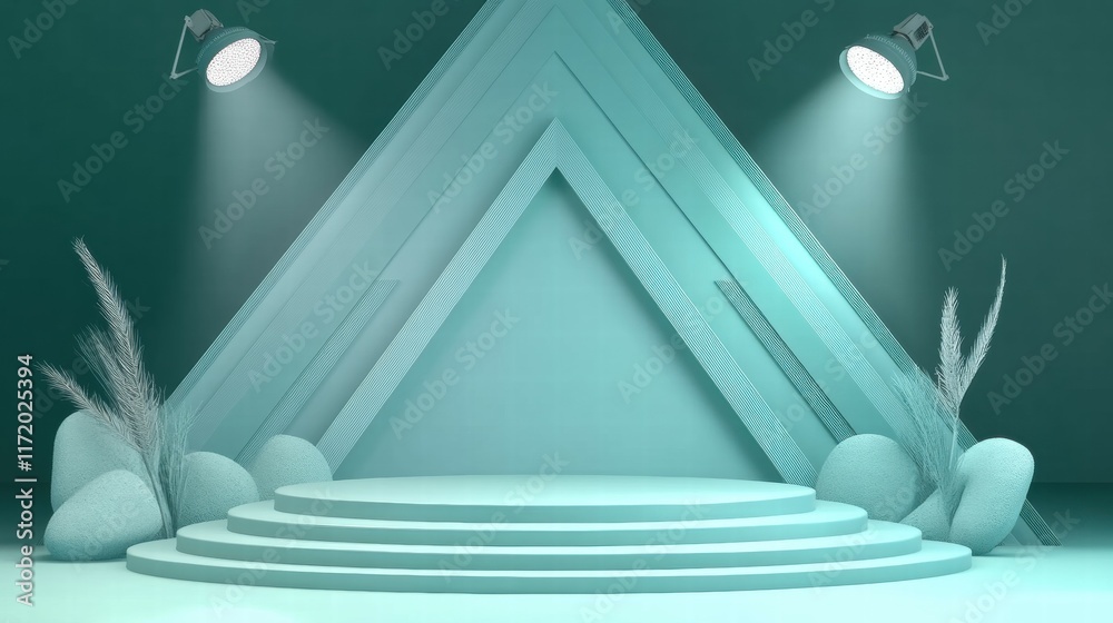 Poster A minimalist stage setup with geometric shapes and soft lighting for presentations or events.
