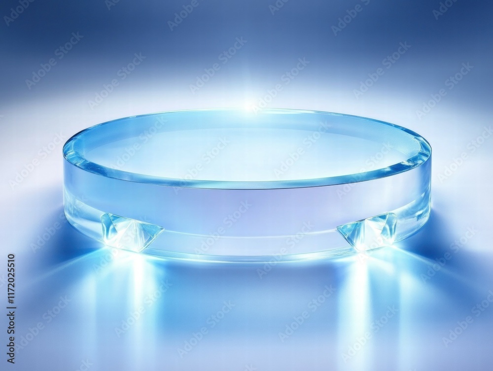 Poster a sleek, illuminated glass display stand on a gradient background.