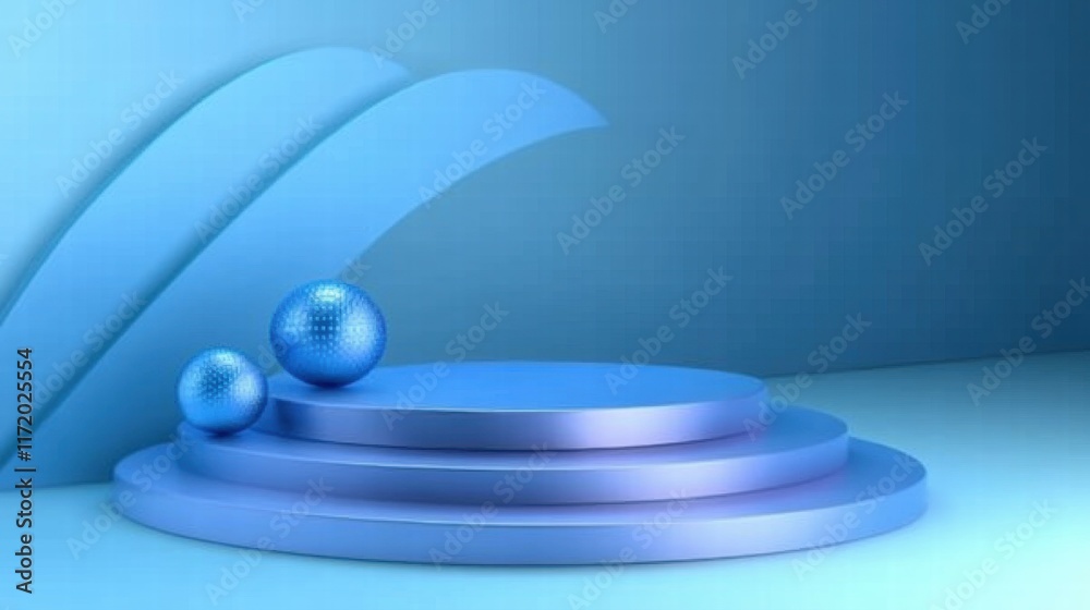 Poster abstract design featuring layered circular platforms and reflective spheres in blue tones.