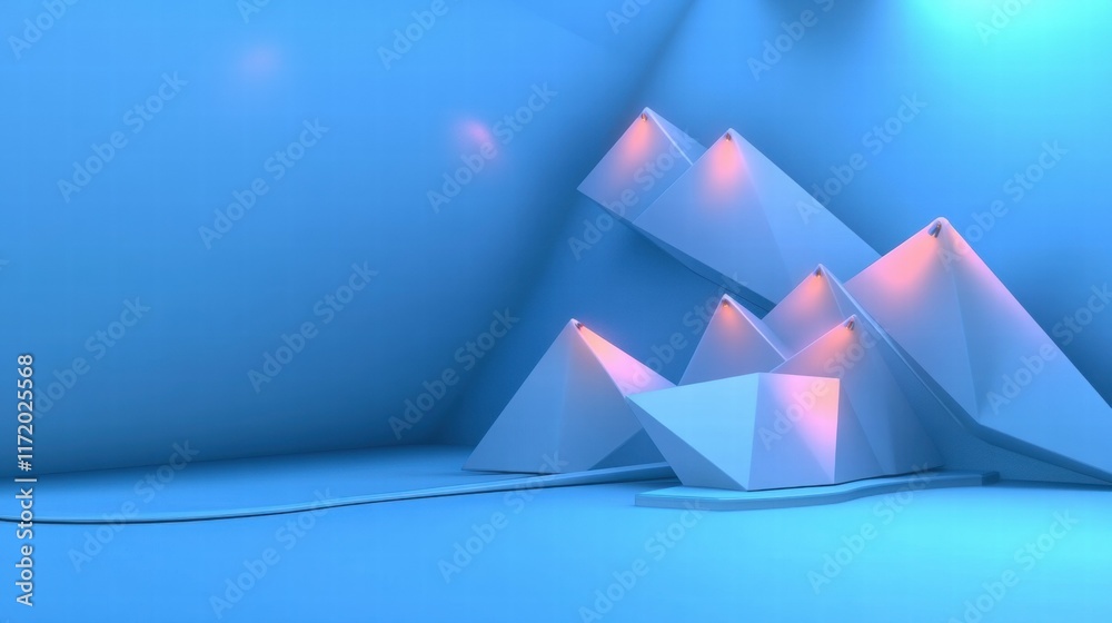 Poster a serene blue environment featuring geometric shapes illuminated by soft lights.