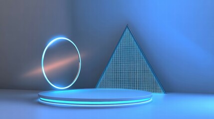A futuristic stage setup featuring geometric shapes and neon lighting.