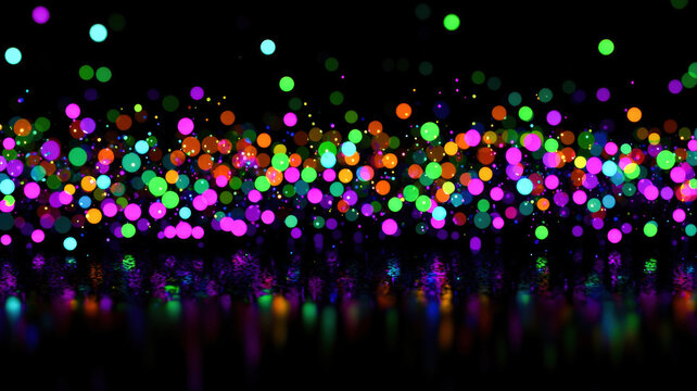 A dynamic scatter plot with glowing dots in radiant neon colors, dynamically arranged over a dark reflective surface with holographic highlights.
