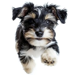 Happy puppy leaps, white background, playful pet, website banner.