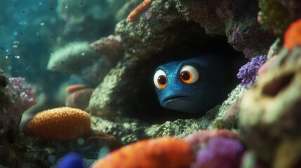 A small blue fish peeks out from a coral reef, surrounded by vibrant marine life.