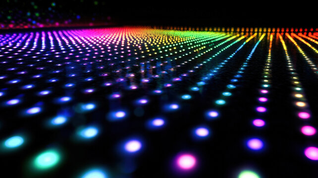 A dynamic scatter plot with glowing dots in radiant neon colors, dynamically arranged over a dark reflective surface with holographic highlights.
