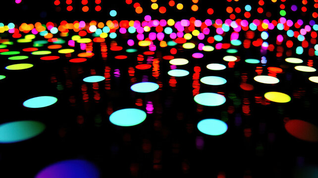A dynamic scatter plot with glowing dots in radiant neon colors, dynamically arranged over a dark reflective surface with holographic highlights.
