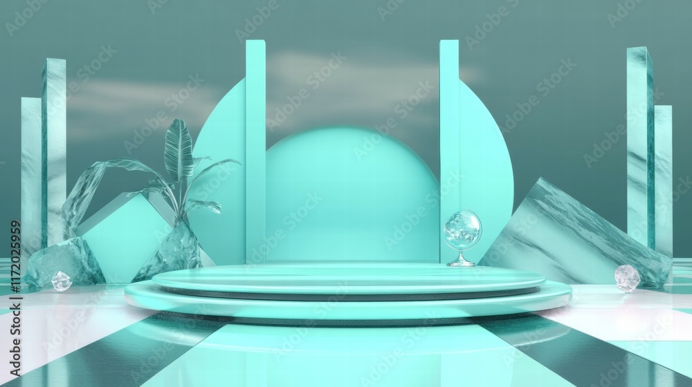 Poster a stylized, modern stage design featuring geometric shapes and a serene color palette.
