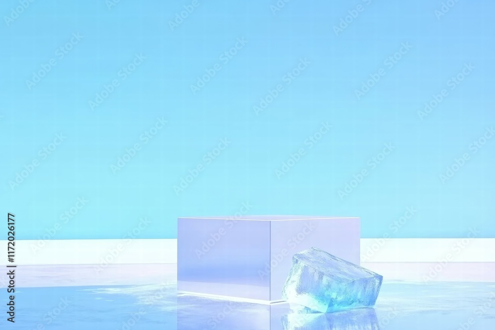 Poster A minimalist scene featuring a reflective cube and an ice block against a blue backdrop.
