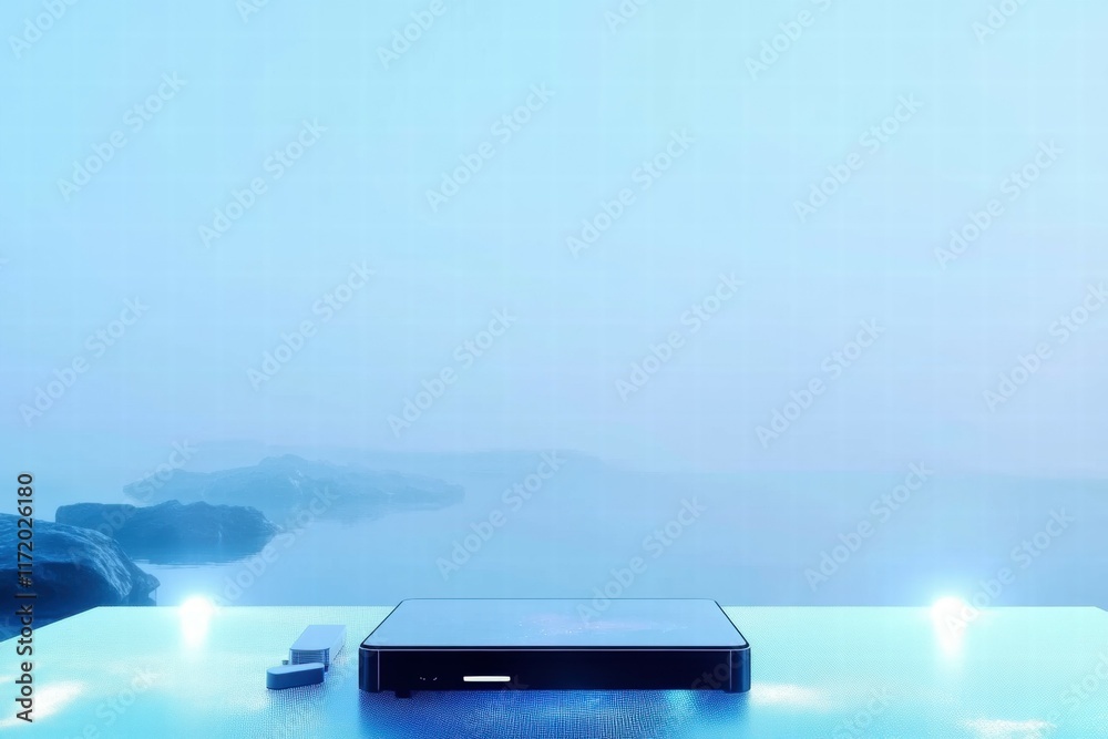 Poster a serene landscape with a sleek device on a reflective surface overlooking a misty water view.