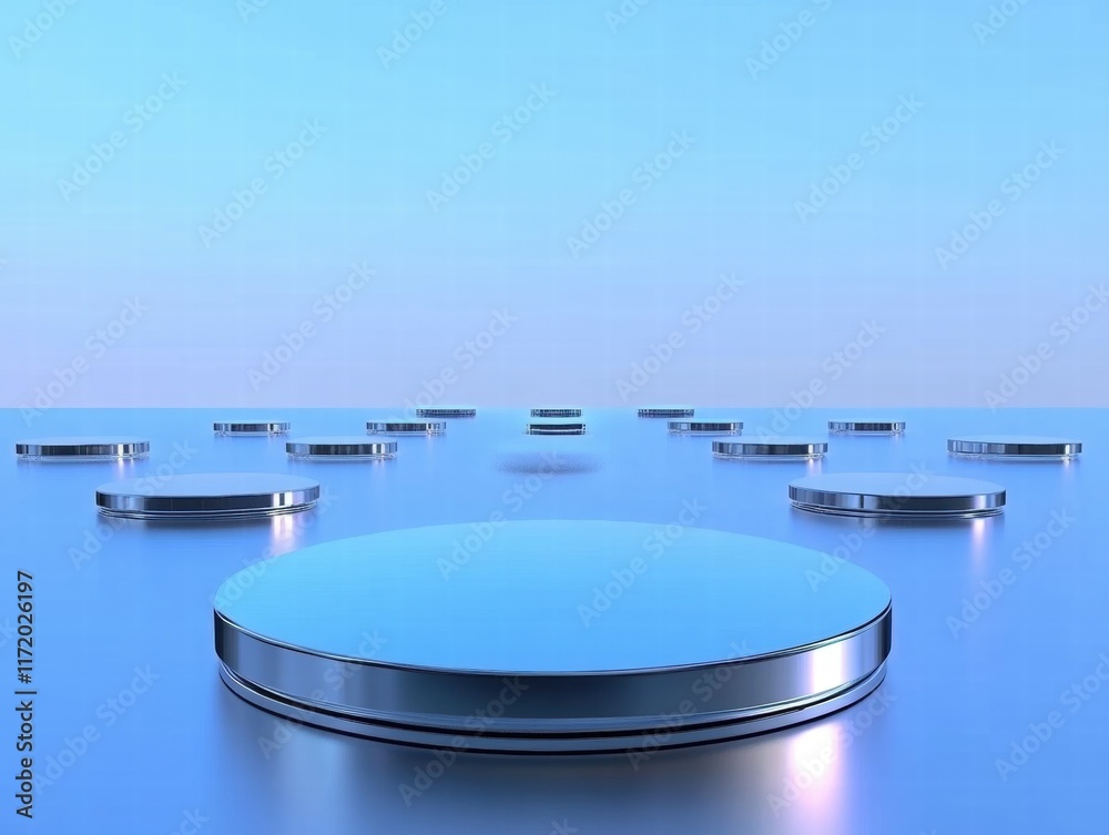 Poster a serene landscape with reflective circular platforms against a gradient blue background.