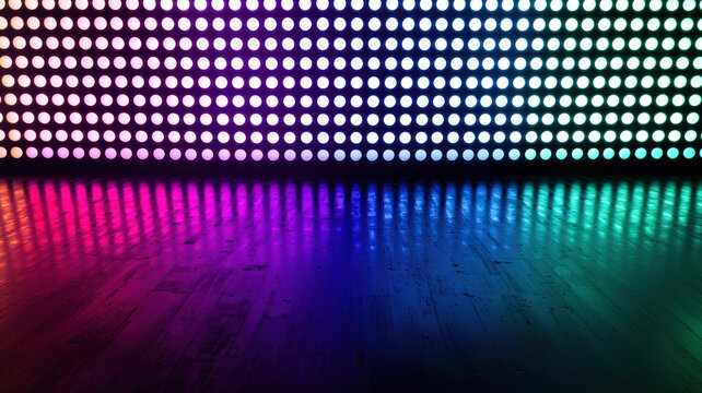 A dynamic scatter plot with glowing dots in radiant neon colors, dynamically arranged over a dark reflective surface with holographic highlights.
