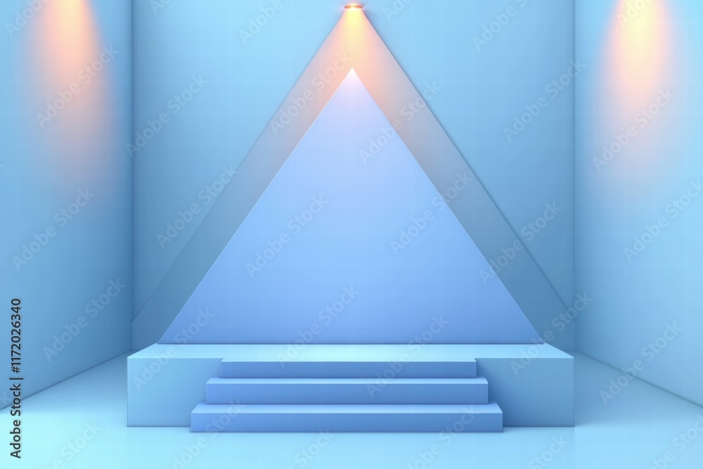 Poster a minimalist blue stage with a triangular backdrop, suitable for presentations or performances.