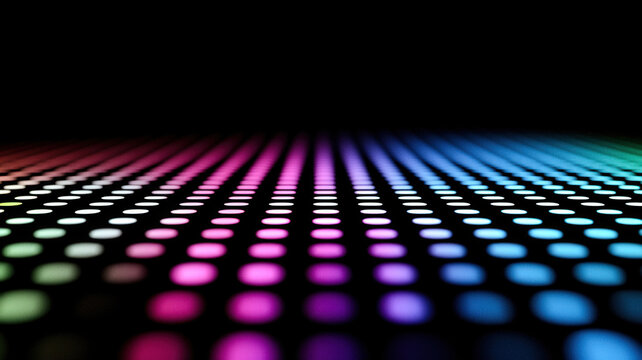 A dynamic scatter plot with glowing dots in radiant neon colors, dynamically arranged over a dark reflective surface with holographic highlights.
